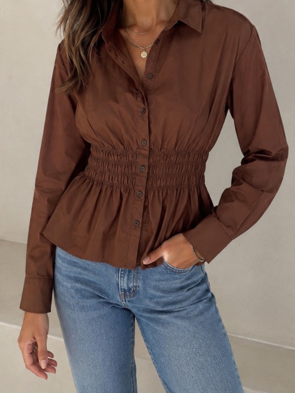 NWT Zesica Long Sleeve Brown Collared Button Down Cinched Waist Peplum Top-Large
